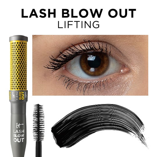 A graphic with the text, "Lash Blow Out. Lifting," and images of a tube of IT Cosmetics Lash Blow Out mascara,  a mascara brush, an eye with mascara, and a swipe of black mascara.